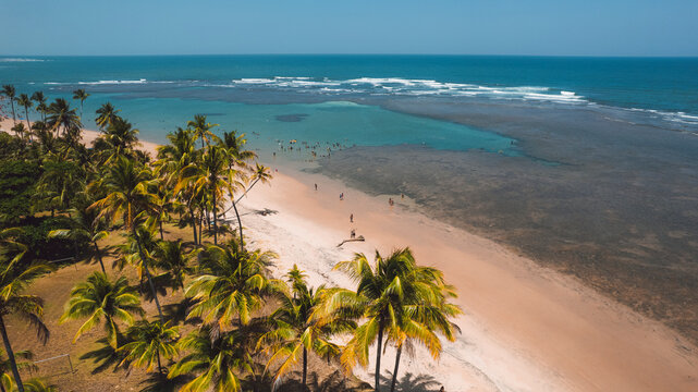 Natural pools in the sea off Taipu de Fora beach, a tourist spot on the Mara&uacute; Peninsula, coast of Bahia, Brazil, panoramic aerial view, coconut trees, blue and green sea, paradisiacal