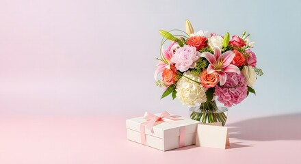 Fototapeta premium Mother's Day: Bouquet in Vase with Gift Box and Blank Card