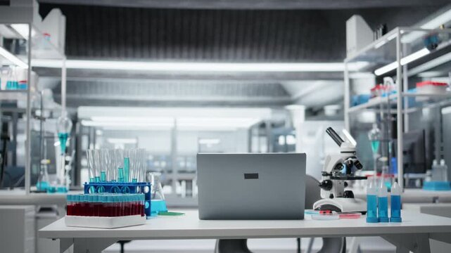 Sterile empty medical laboratory workspace featuring test tube racks on workbench. Clean research facility interior free of contamination with nobody in, ready for scientific work