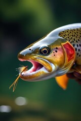 Close-up of a hooked brown trout with streamer fly in its mouth , close up, fish close-up
