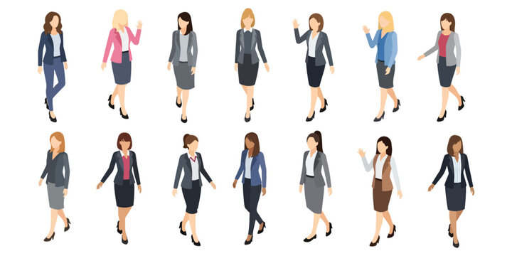Mega collection of 14 professional business women characters, set of diverse female entrepreneurs in corporate suits and blazers for presentation, office teamwork, and web design.