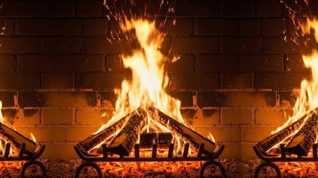 Cozy seamless loop of orange flames in a brick fireplace 