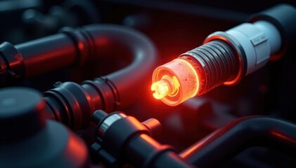 Close-up vibrant spark plugs firing, intense engine glow, detail, vehicle, bright