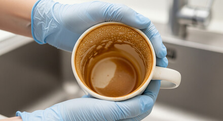 Hands in blue rubber gloves holding very dirty white mug with dried coffee stains over kitchen sink.
