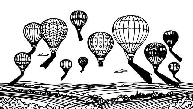 A black and white vector illustration of hot air balloons flying over a rural landscape