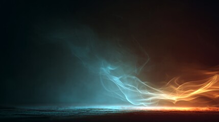 Vibrant abstract digital art with swirling neon blue and orange light trails on dark background, creating a mesmerizing futuristic atmosphere with energy and movement in a surreal, dreamlike