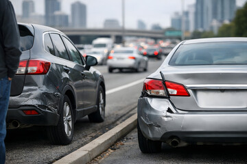 Naklejka premium Minor Fender Bender on Busy City Highway with Heavy Traffic