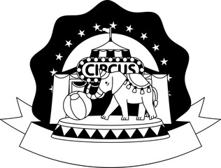 black and white illustration of A circus logo with an elephant and a circus tent