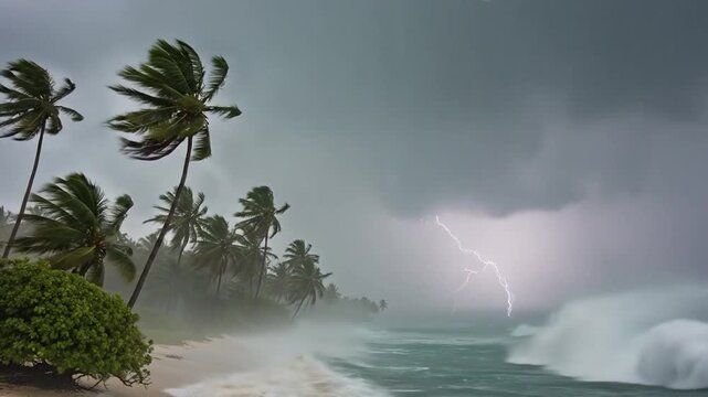 Dramatic Tropical Storm Rains Soak Lush Palm Trees 