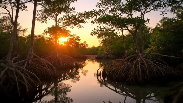 Scenic mangrove swamp reflecting sunset light on calm water