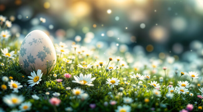 Osterei im Blumenfeld mit fr&uuml;hlingshaftem Sonnenlicht und sanftem Bokeh-Hintergrund