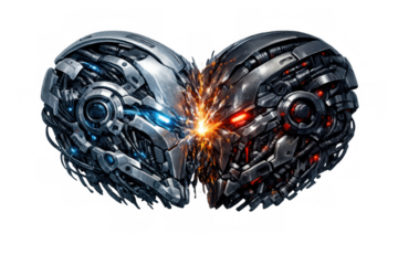Robotic heart shape forming from two futuristic faces, one glowing blue, one red, fusing with sparks representing love and technology