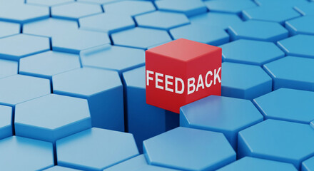 Red cube with the word feedback stands out from a blue hexagonal grid background