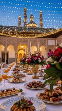 Elegant Moroccan Dinner Setting with Multicolored Table, Festive Decorations, and Traditional Cuisine in a Grand Hall