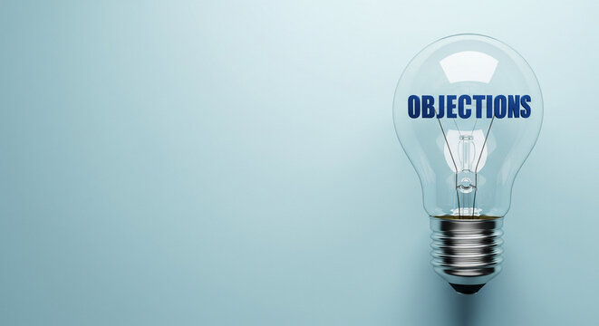 Light bulb with the word objections inside, symbolizing a new idea or solution