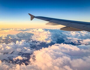 Obraz premium Airplane Wing Flying Above Clouds at Sunset.
