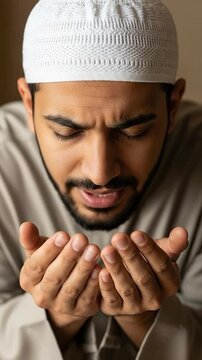 Muslim Man Praying in Traditional Dress with Hands Raised in Solicitous Gesture