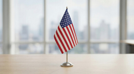 Symbol of National Pride Miniature American Flag Standing Proudly on an Executive Desk Against a Modern City Backdrop
