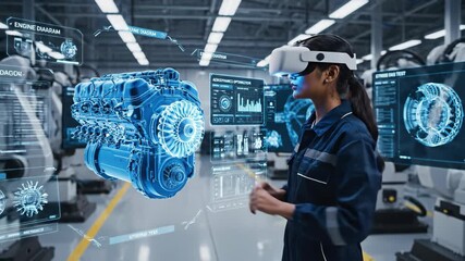 Female Engineer Interacts With Holographic Engine Model In Futuristic Factory Using Virtual Reality Headset - Powered by Adobe