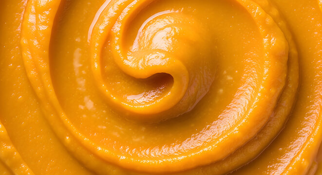 Silky pumpkin puree with glossy butter sheen and smooth texture. Isolated on White background