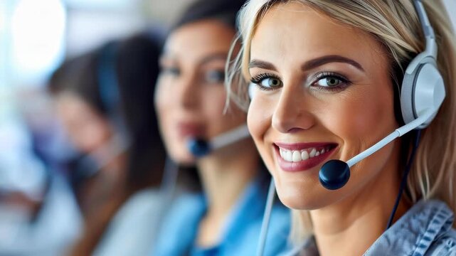 Dedicated Support: A radiant woman, headset in place, smiles warmly, epitomizing exceptional client assistance and professional customer service.