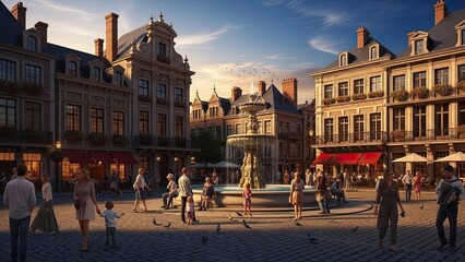 Naklejka premium Town square with fountain and buildings under a bright sky