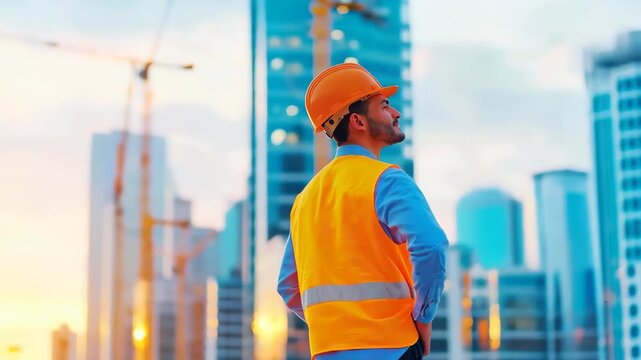 A Vision of Construction: A construction worker stands confidently, taking in the cityscape view, symbolizing expertise, diligence and future possibilities