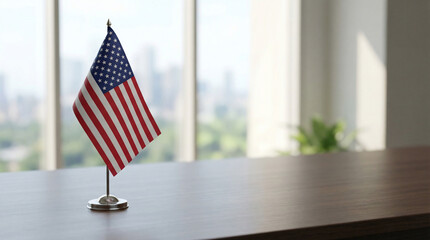 Small American flag proudly displayed on an elegant office desk, symbolizing patriotism, national identity, and business success in a professional corporate environment overlooking a modern city