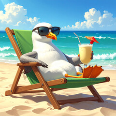 Cartoon Seagull wearing sunglasses and enjoying a refreshing Pina Colada while lounging in a chair on the beach.  Ocean and clouds in background