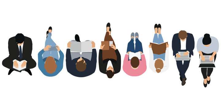 Set of 8 sitting people top view characters for architectural floor plans, diverse men and women reading books, using laptops and mobiles for aerial view interior design.