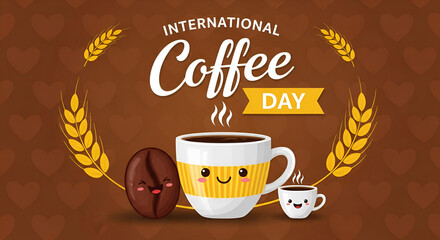 Cute cartoon coffee bean and mug celebrate international coffee day with wheat stalks