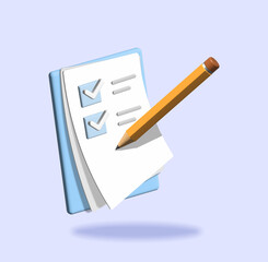 3d white clipboard task management to do check list with pencil 