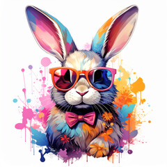 Colorful Abstract Rabbit wearing fun fashion sunglasses and a pink bow tie isolated on a white background