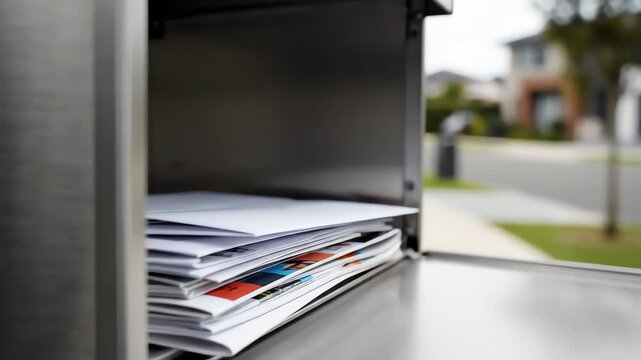 A stack of delivered mail and colorful flyers overflows from a modern metallic mailbox, captured in a detailed close-up shot against a blurred suburban street background.
