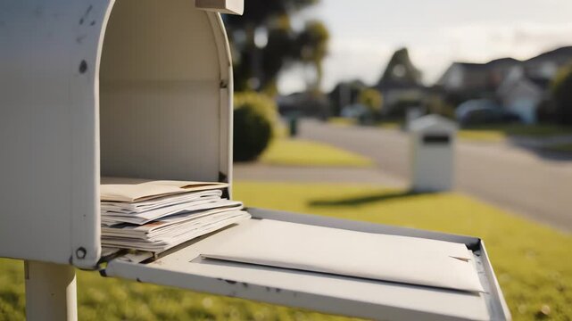 A stack of letters fills an open white residential mailbox, captured in a bright, warm close-up with shallow depth of field on a sunny suburban street.