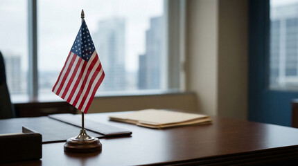 Patriotic Symbolism American Flag Proudly Displayed on a Professional Office Desk, Reflecting National Values and Business Ambition in a Modern Corporate Setting