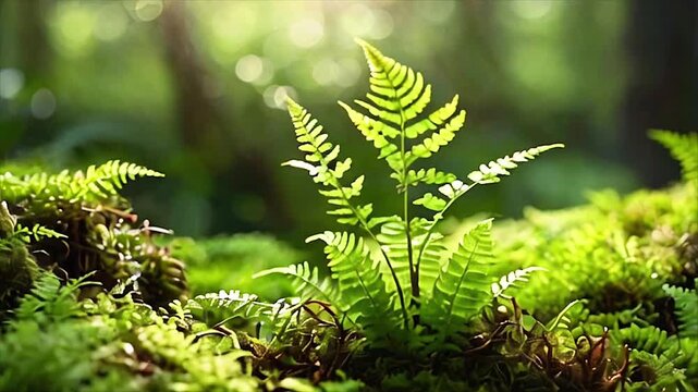Nature stock video AI shows fern sprout growing with roots leaves sunlight glowing ecosystem
