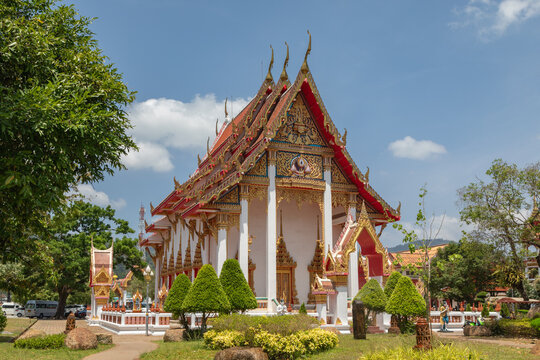 An Ornately Decorated Steep Roofed Buddhist Temple in Phuket, Thailand