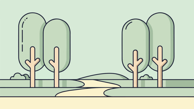 Winding dirt path through a serene landscape with slender trees and rolling hills