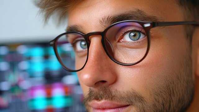 Portrait of a Man with Glasses: An up-close portrait of a man with spectacles, his gaze filled with clarity and focus.