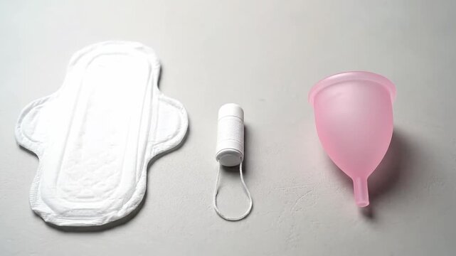 An overview of feminine hygiene products, showing an absorption pad, tampon, and menstrual cup. These are essential for women's personal care