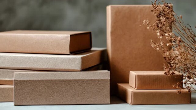 Medium shot focusing on compostable packaging supplies used for shipping illustrating zerowaste and sustainable shipping solutions