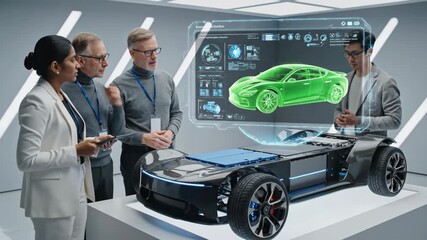 Diverse team of engineers in futuristic lab analyzing holographic green car model on electric vehicle chassis with innovative technology displays - Powered by Adobe
