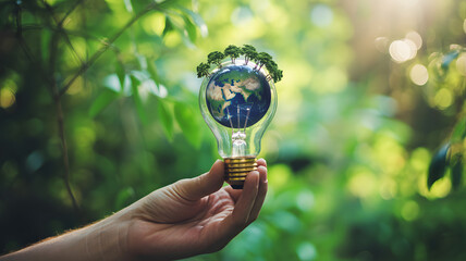 A human hand holds a light bulb containing a miniature Earth globe with green trees against a lush sunlit green background symbolizing environmental c