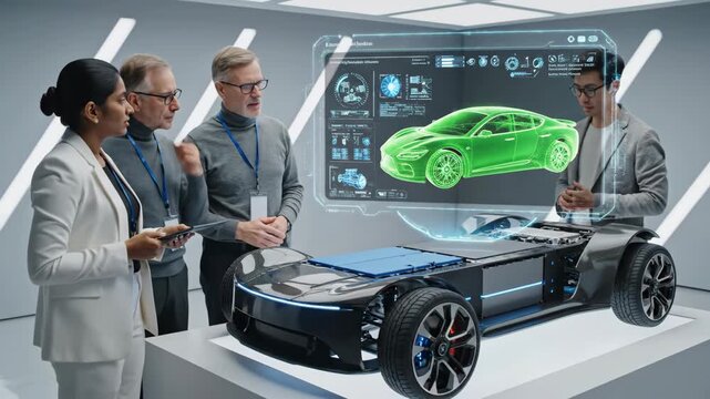 Diverse team of engineers in futuristic lab analyzing holographic green car model on electric vehicle chassis with innovative technology displays