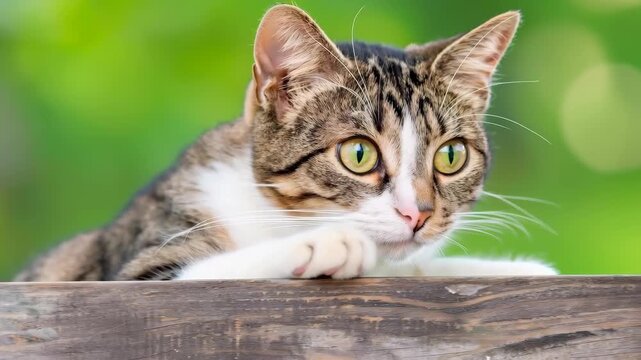 Curious Kitty's Gaze: A captivating portrait of a domestic cat with striking eyes, poised and alert against a backdrop of vibrant greenery, embodies a spirit of curiosity.