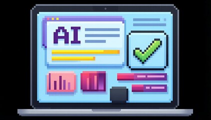 Pixel art laptop displays AI interface with charts, checkmark and colorful data blocks.
