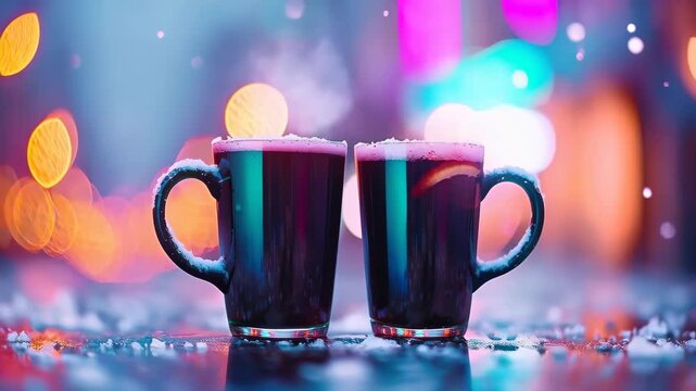 Warm Embrace: Two mugs of a festive, warm drink sit amidst softly falling snow and twinkling lights, evoking feelings of cozy togetherness during the holiday season.