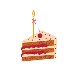 Cake slice with cherry filling and birthday candle. Sweet layered dessert with berry cream and topping. Cute flat vector illustration isolated on white background.