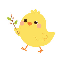 Cute baby chick holding spring branch. Sweet chicken character with nature element. Flat vector illustration isolated on white background.